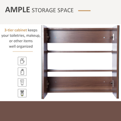 Kleankin Wall Mounted Glass Bathroom Mirror Cabinet Storage Shelf, 63Wx60Hx13.5T cm-Light Walnut