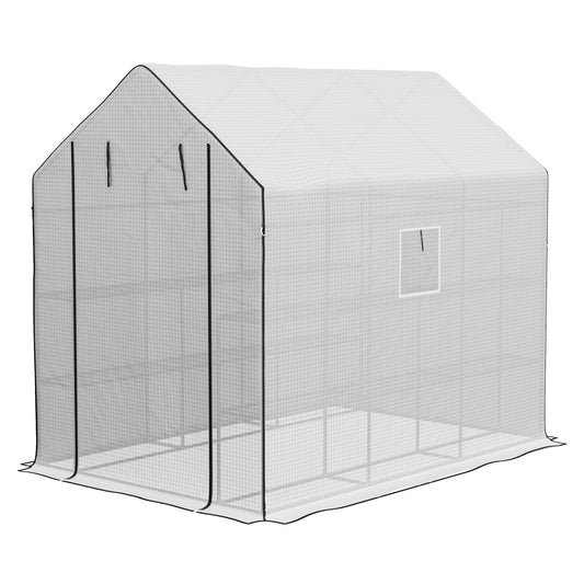 Outsunny Walk-in Greenhouse w/ 3 Tier Shelves, Green House Garden Grow House w/ PE Cover, Roll-up Door, Mesh Windows, 140 x 213 x 190cm, White
