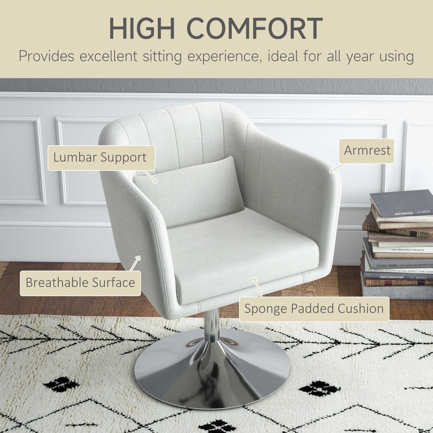 Retro Style Accent Chair with Swivel Base, Height Adjustable Arm Chair with Pillow for Living Room, Bedroom, Cream White