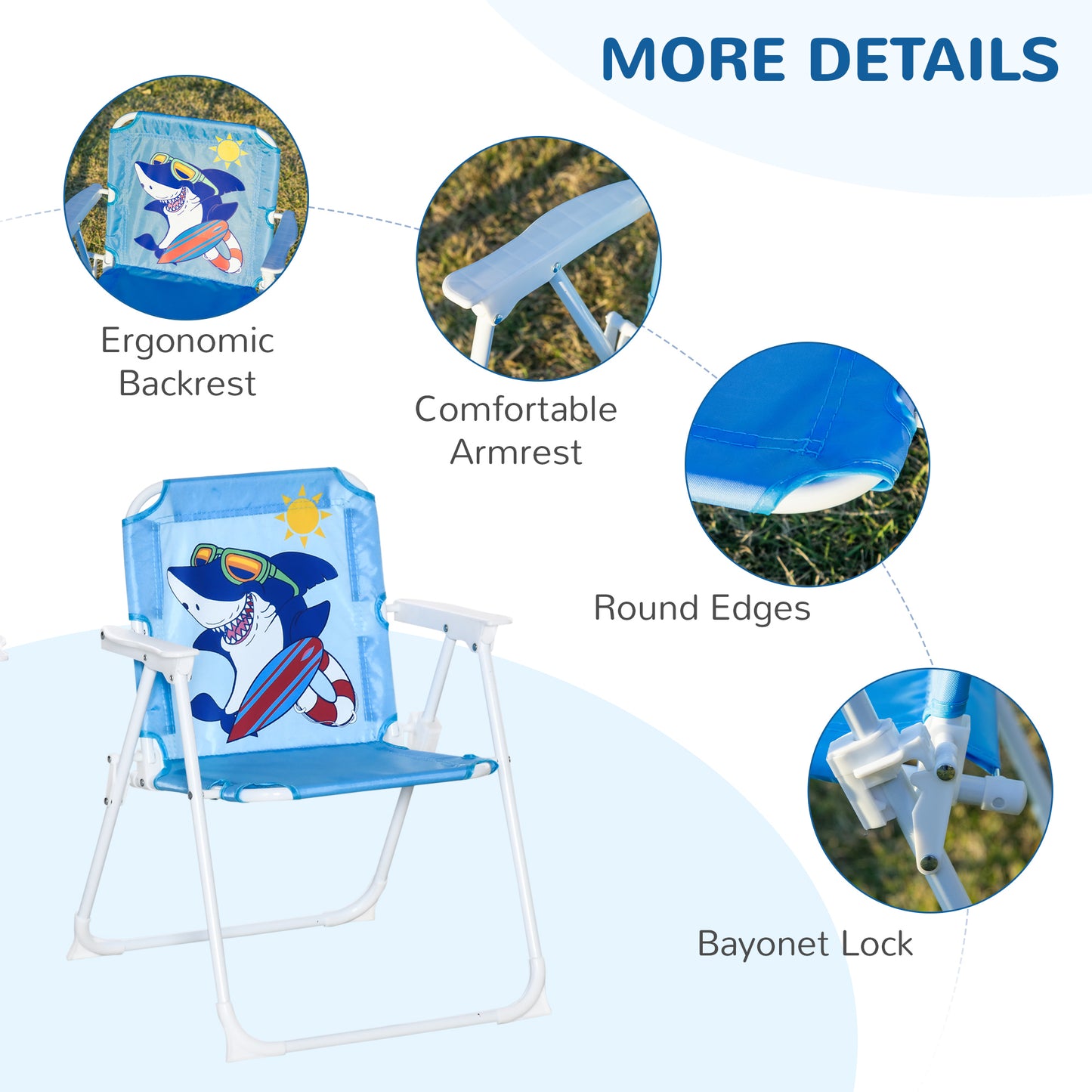 Outsunny Kids Picnic & Table Chair set, Outdoor Folding Garden Furniture w/ Shark Design, Removable, Adjustable Sun Umbrella, Ages 3-6 Years - Blue