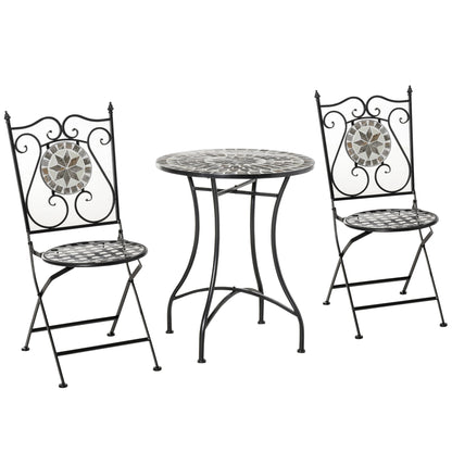 Outsunny 3 Pcs Mosaic Tile Garden Bistro Set Outdoor Seating w/ Table 2 Folding Chairs Set Metal Frame Elegant Scrolling Indoor Patio Balcony