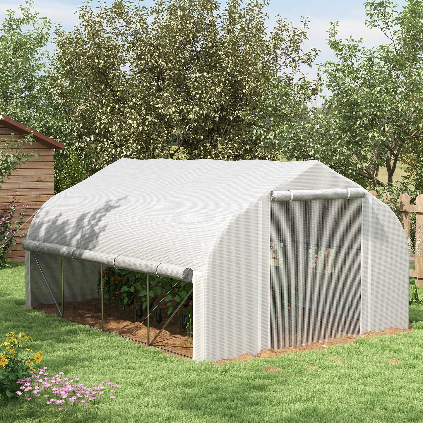 Outsunny 4x3m Walk-in Polytunnel Greenhouse, Zipped Roll Up Sidewalls, Tunnel Warm House Tent w/ PE Cover, Complimentary Plant Labels & Gloves