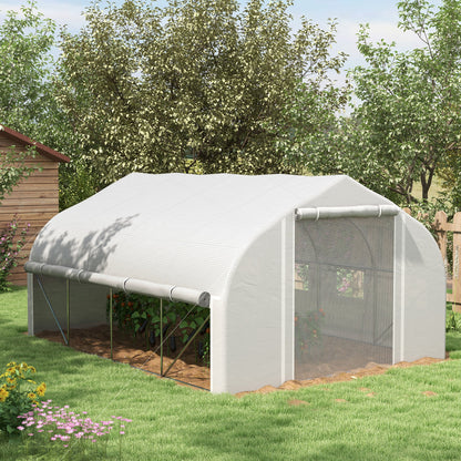 Outsunny 4x3m Walk-in Polytunnel Greenhouse, Zipped Roll Up Sidewalls, Tunnel Warm House Tent w/ PE Cover, Complimentary Plant Labels & Gloves