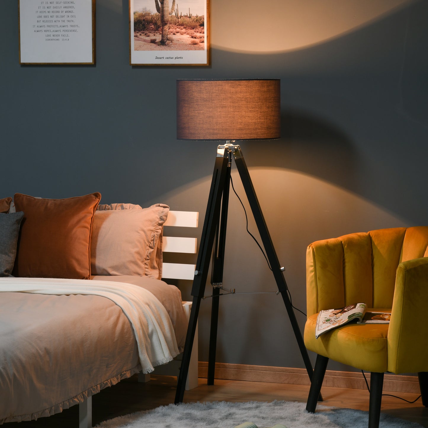 Modern Tripod Standing Lamp for Living Room Bedroom With Fabric Lampshade (Bulb not Included), Grey and Black
