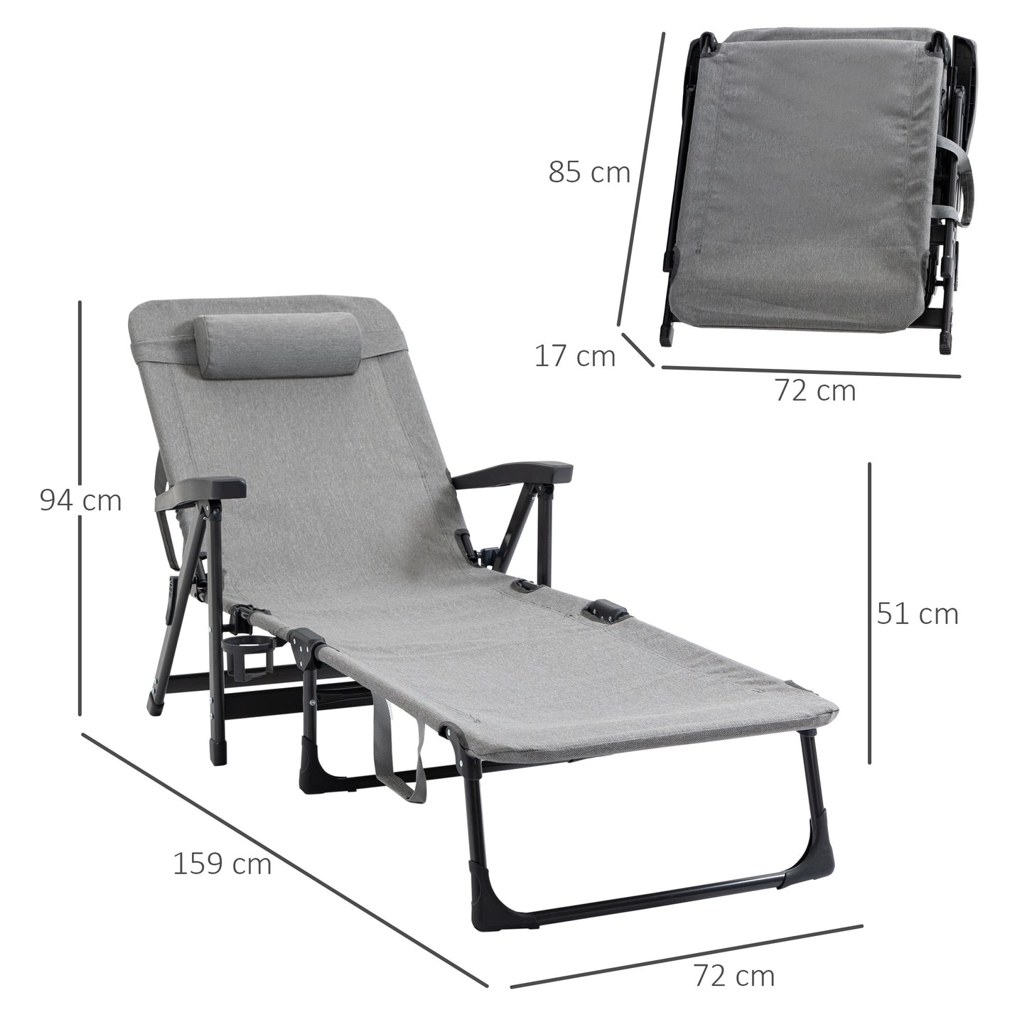 Outsunny Folding Sun Lounger, Mesh Fabric Chaise Lounge Chair, 7-Reclining Position Sleeping Bed W/ Pillow & Cup Holder -  Light Grey