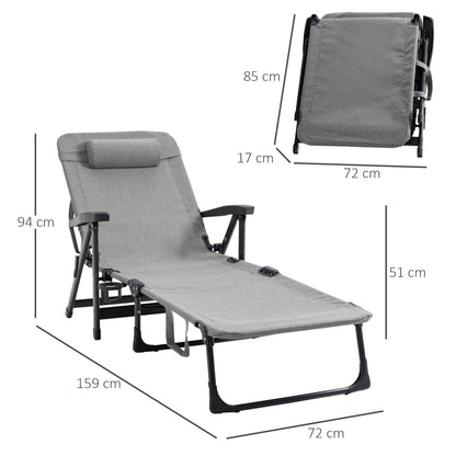 Outsunny Folding Sun Lounger, Mesh Fabric Chaise Lounge Chair, 7-Reclining Position Sleeping Bed W/ Pillow & Cup Holder -  Light Grey