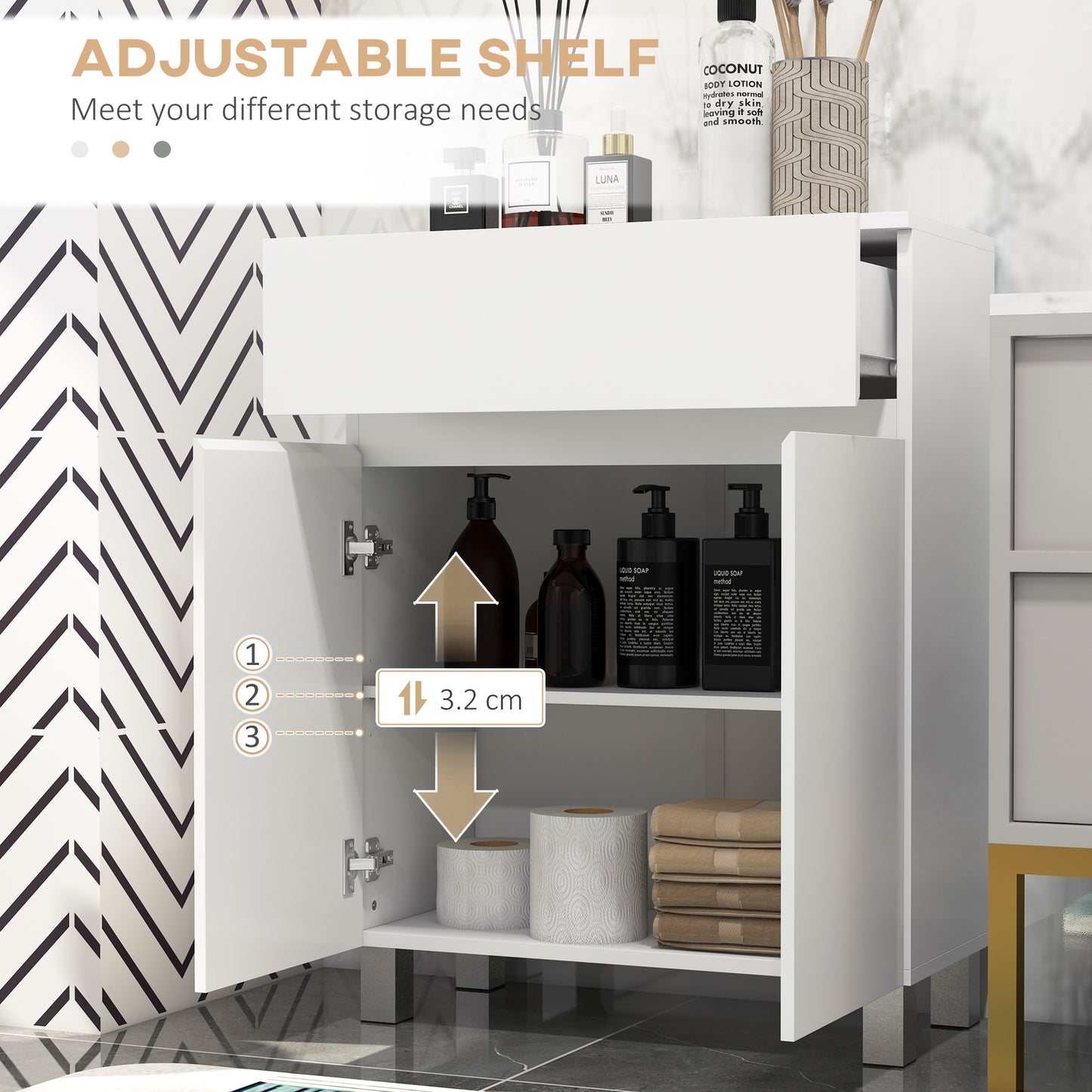 Kleankin Freestanding Bathroom Cabinet, High Gloss Storage Cabinet with Doors and Adjustable Shelf, 60 x 30 x 80 cm, White