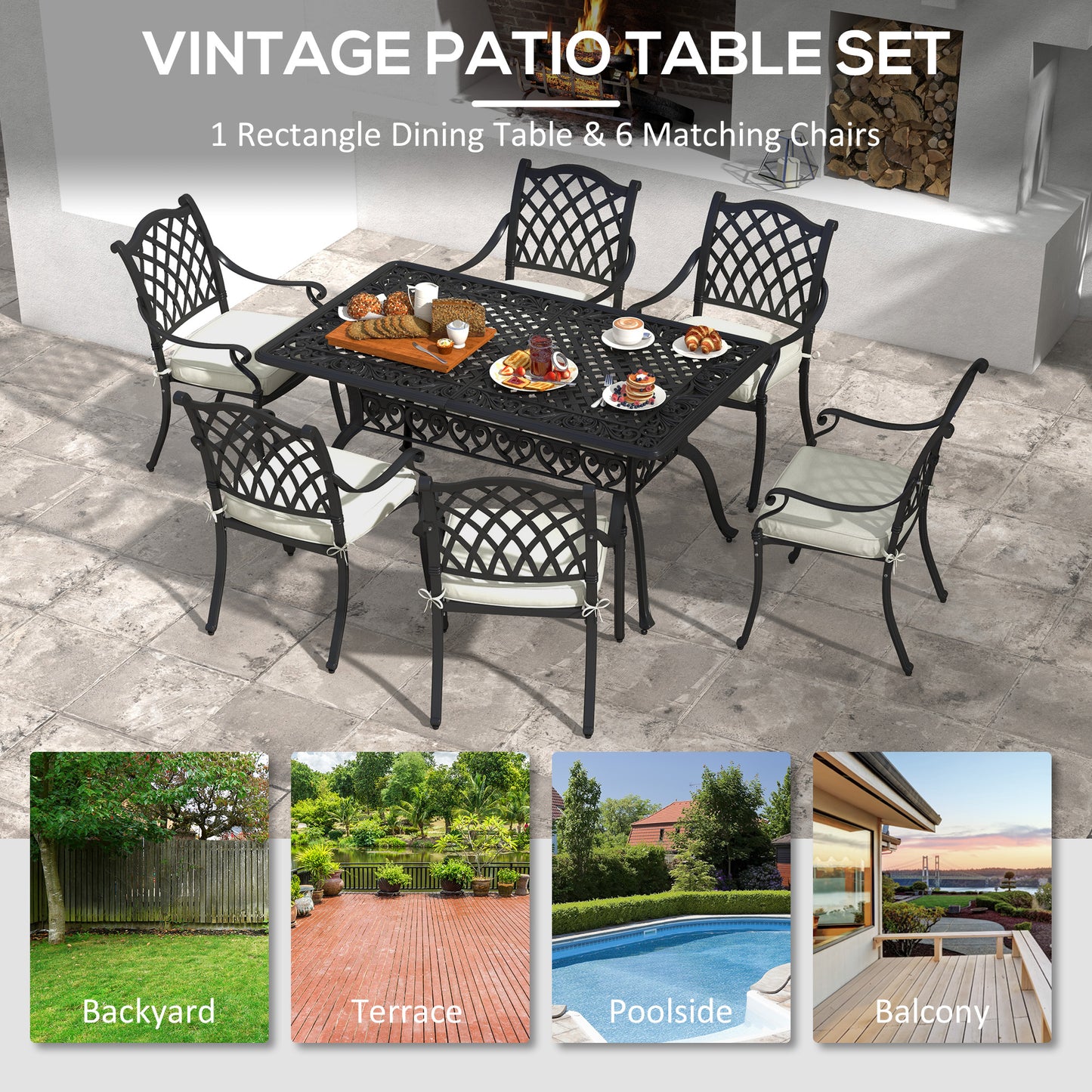 Outsunny 7 Piece Aluminium Patio Dining Set with Umbrella Hole Black