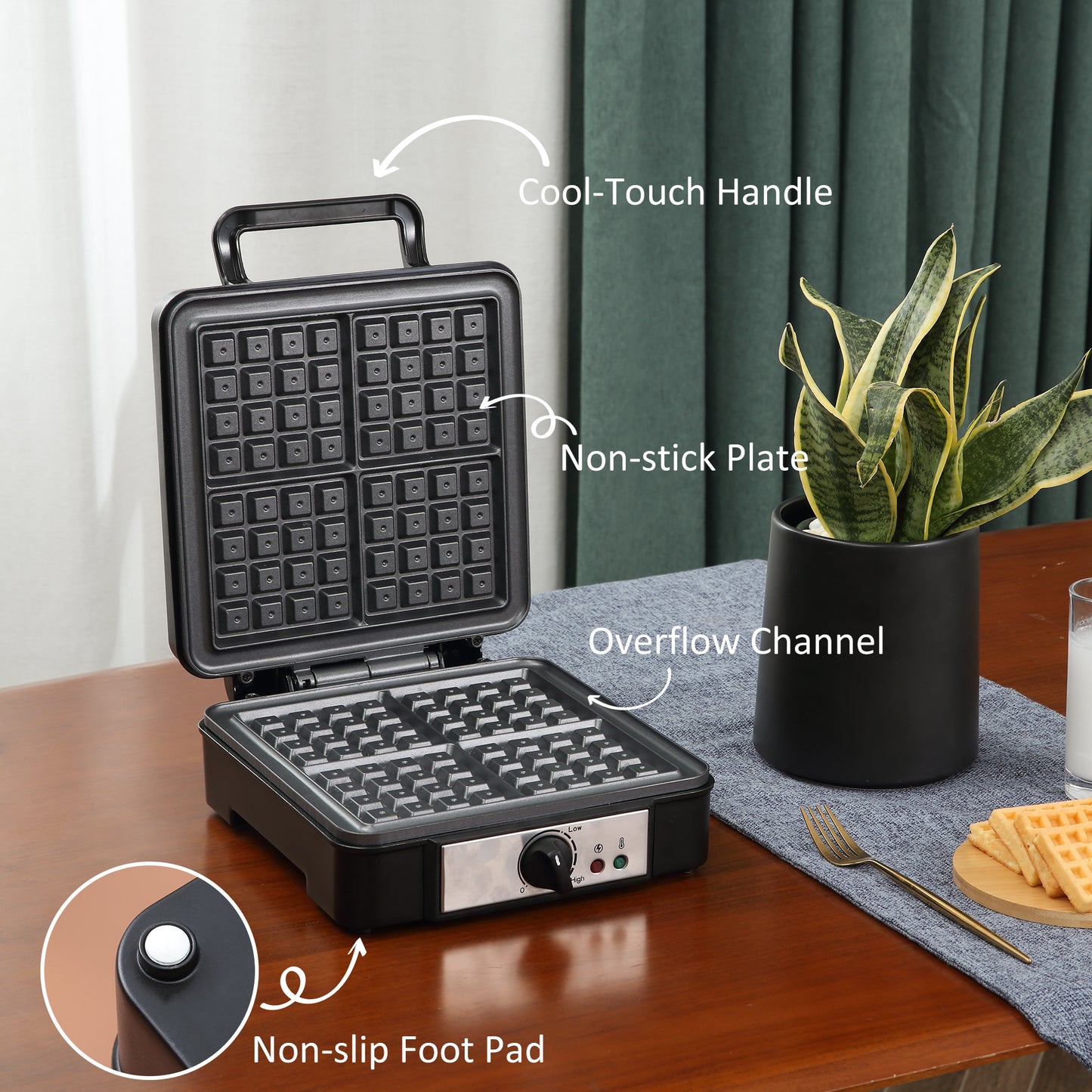 4 Slice Waffle Maker Iron Machine with Deep Cooking Plate, Adjustable Temperature, Non-stick Coating and Cool Touch Handle, 1200W