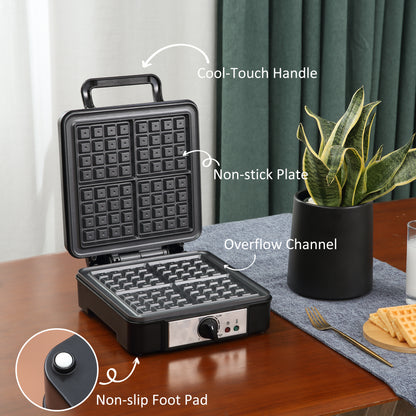 4 Slice Waffle Maker Iron Machine with Deep Cooking Plate, Adjustable Temperature, Non-stick Coating and Cool Touch Handle, 1200W