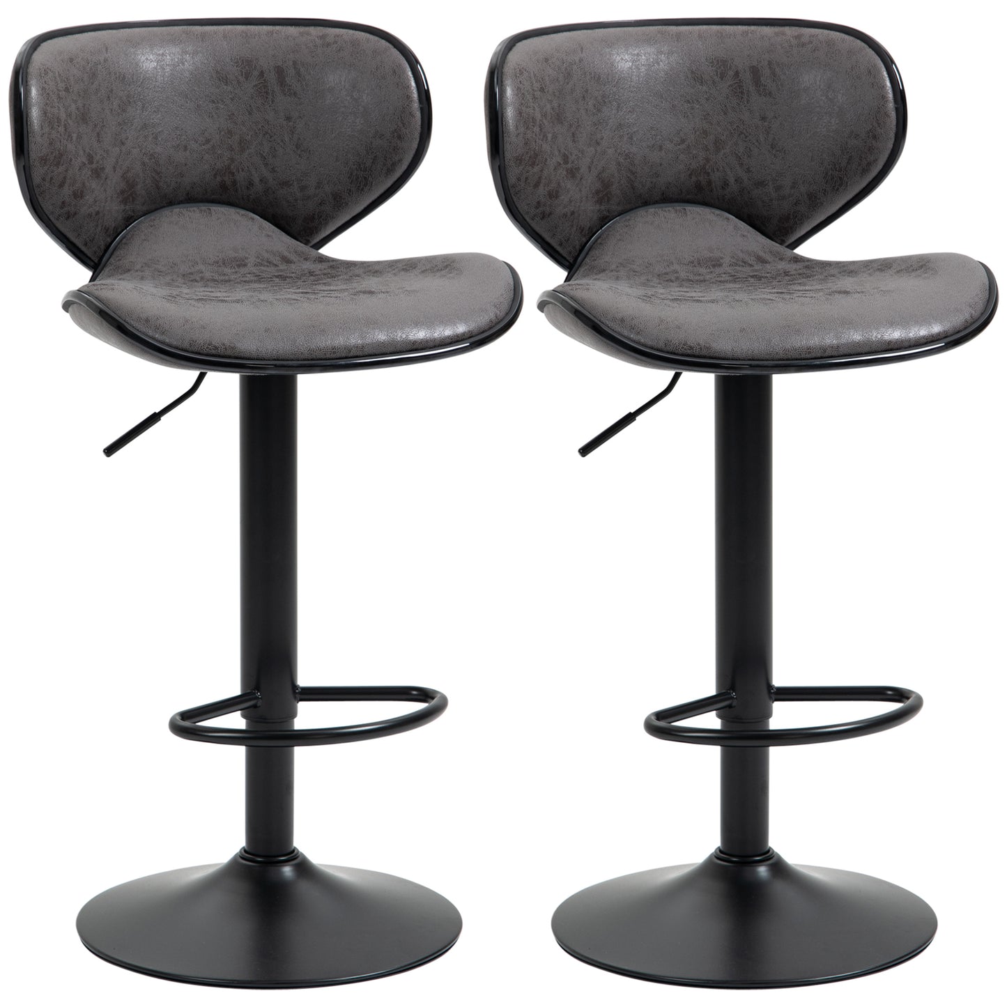 Bar Stool Set of 2 Microfibre Cloth Adjustable Height Armless Chairs with Swivel Seat, Dark Grey