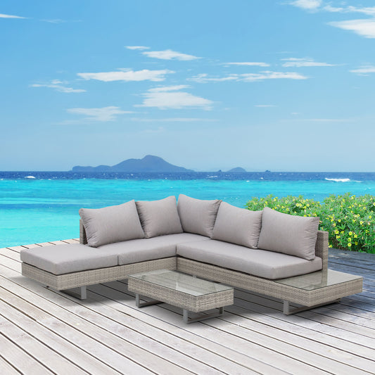 Outsunny 5-Seater Rattan Garden Furniture Wicker Conservatory Corner Sofa Set Chaise Lounge with Coffee Table, Side Table & Cushions – Grey