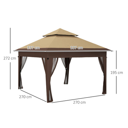Outsunny 3 x 3(m) Pop Up Gazebo With Mosquito Netting 1 Person Easy Up Marquee Party Tent 1-Button Push Double Roof Instant Shelter - Khaki