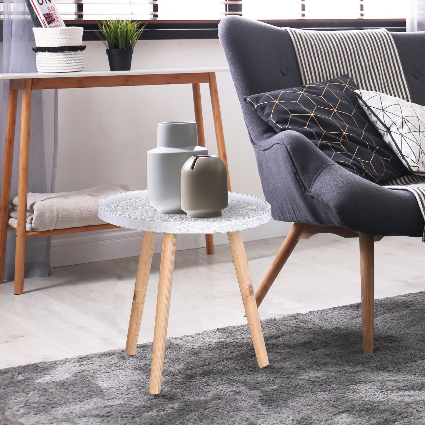 Flower Etched Side Table w/Saucer Top Wood Legs Living Room Bedroom Furniture Coffee End Table Display Decoration Elegant - White
