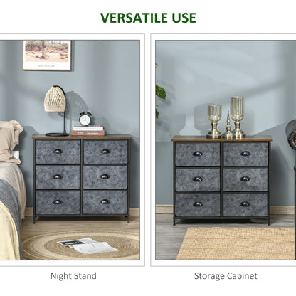 Chest of Drawer Fabric Dresser Storage Cabinet for Bedroom Night Stand with 6 Drawers Steel Frame Handles - Grey and Black