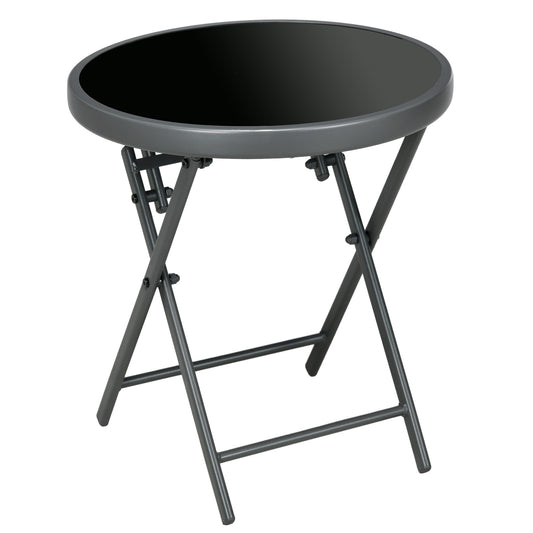 Outsunny Φ45cm Outdoor Side Table, Round Folding Patio Table with Imitation Marble Glass Top, Small Coffee Table