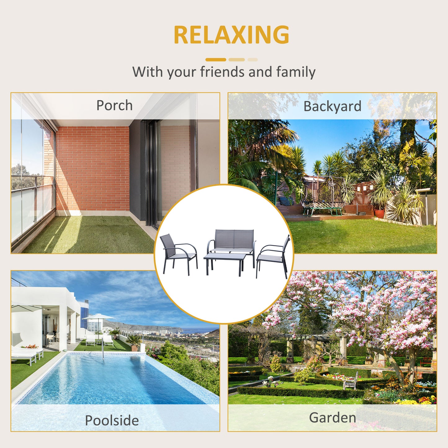 Outsunny 4 Piece Curved Steel Patio Furniture Set w/ Loveseat, Texteline Seats, Glass Top Table For Party Event, Grey