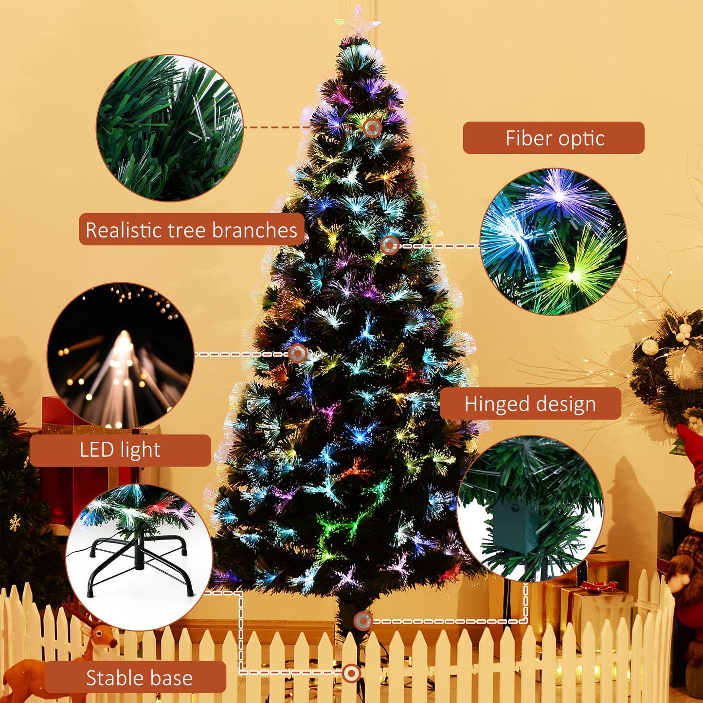 6ft Tall Artificial Tree Fibre Optic Colourful LED Pre-Lit Holiday Home Christmas Decoration with Flash Mode - Green