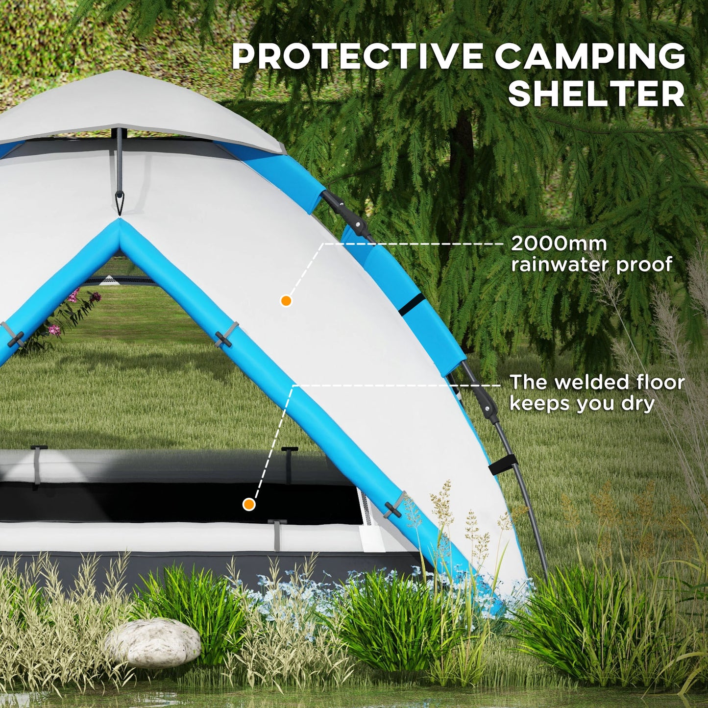 Outsunny 3-4 Man Camping Tent, Family Tent, 2000mm Waterproof, Portable with Bag, Quick Setup, Blue
