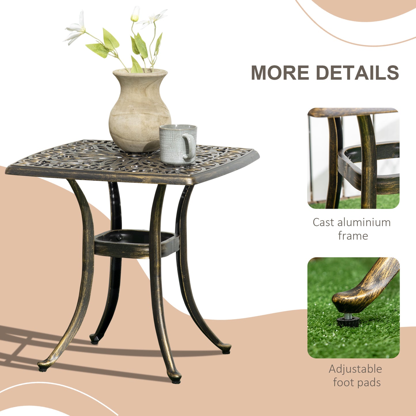 Outsunny Outdoor Retro Vintage Style Patio Side Table with 38mm Dia. Umbrella Hole, Cast Aluminium Patio coffee Table, 54 x 54cm, Bronze