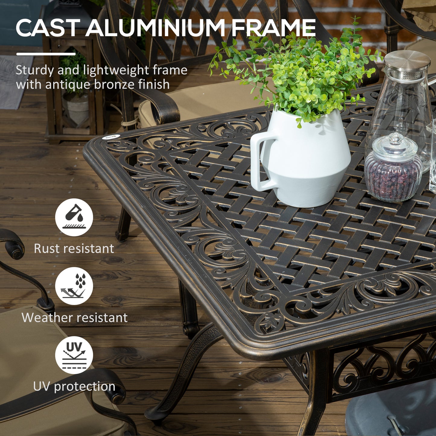 Outsunny 6-Seater Patio Dining Set with Umbrella Hole, Cast Aluminum Patio Furniture Set with Six Cushioned Chairs and Rectangle Dining Table, Bronze