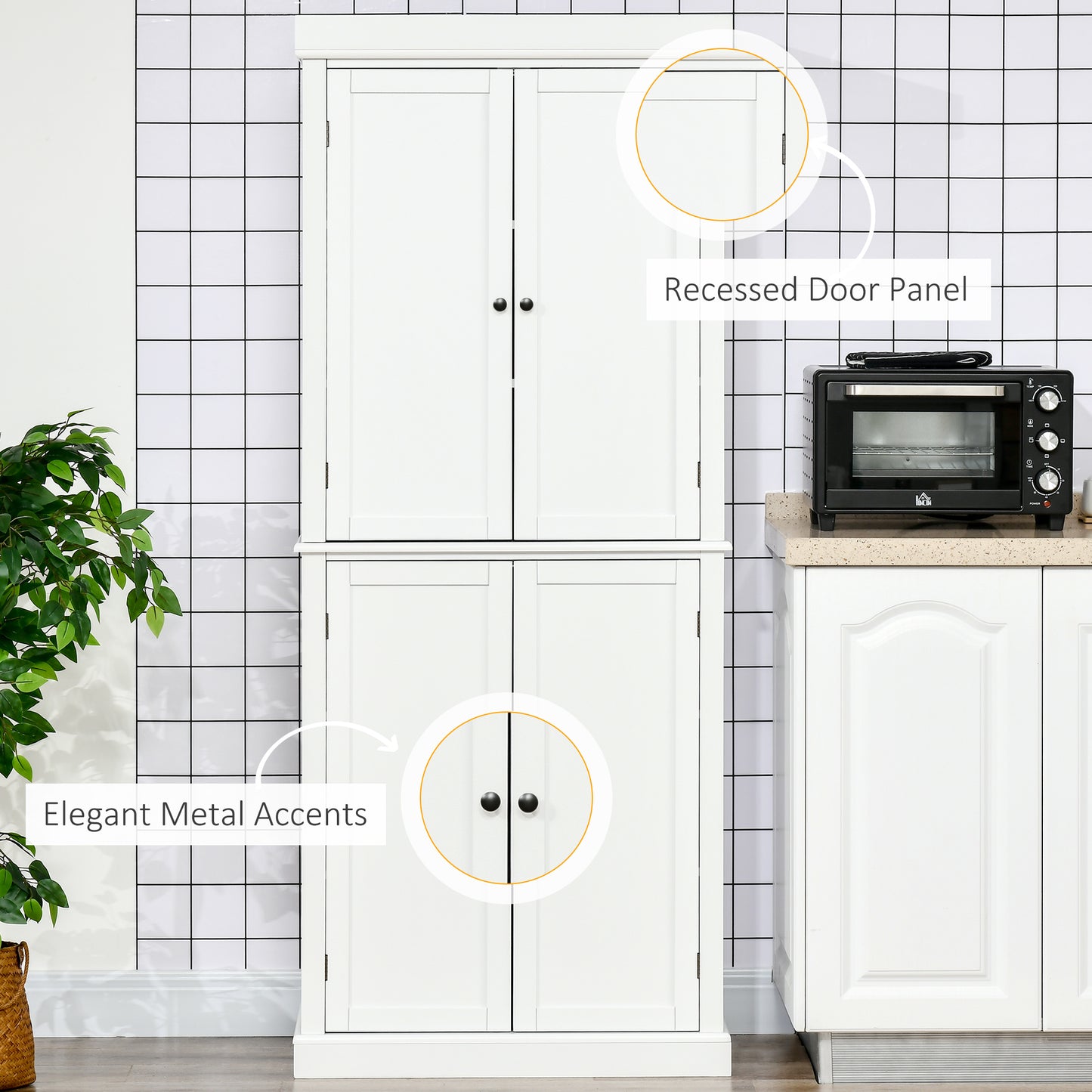 Freestanding Kitchen Cupboard with 4 Doors, Storage Cabinet with 6-Tier Shelving and 4 Adjustable Shelves, White