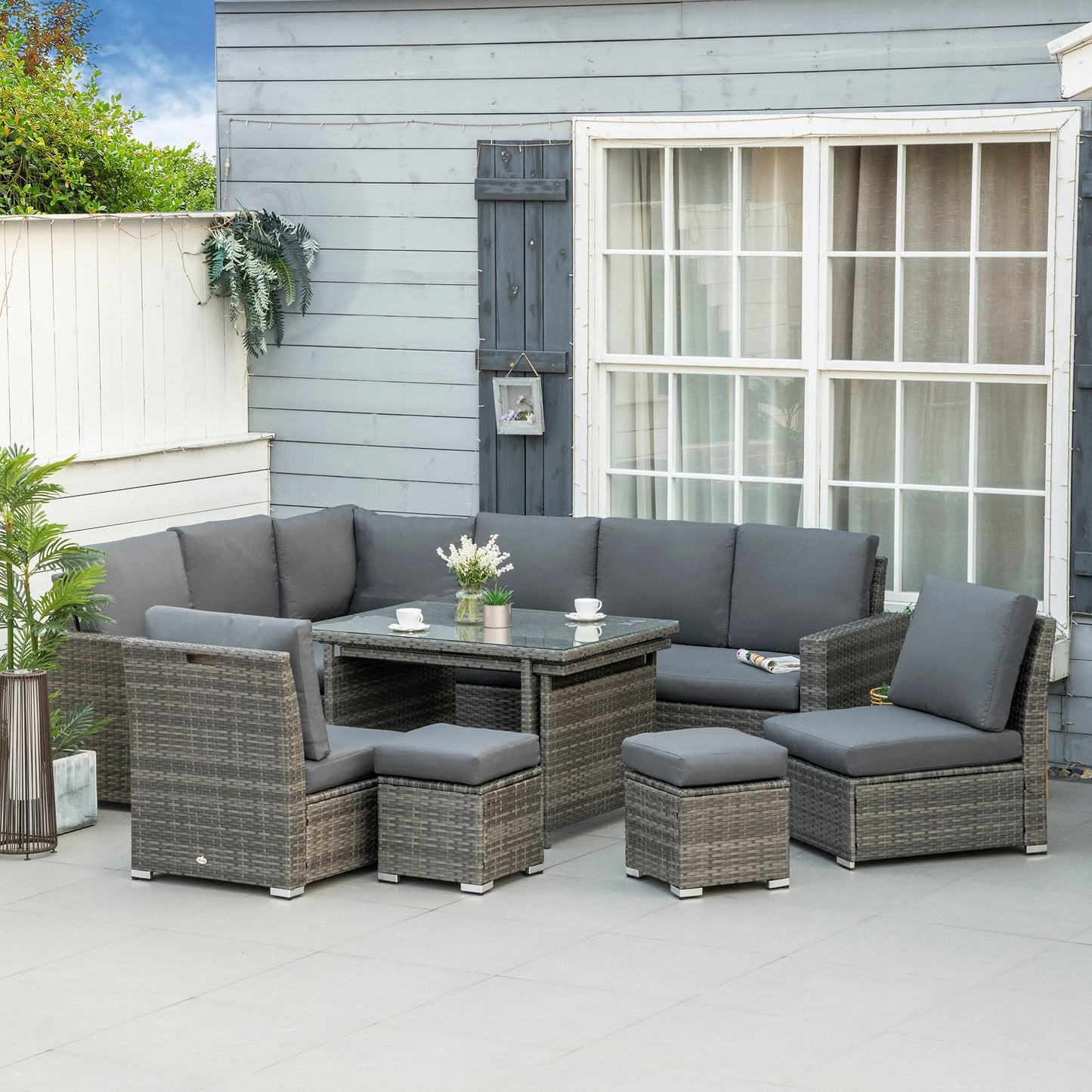Outsunny 7 Piece Rattan Garden Furniture Set, 10-Seater Sofa Sectional with Cushioned Sofa Seat, Footstools and Expandable Glass Table for Yard Grey