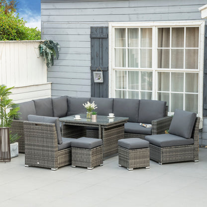 Outsunny 7 Piece Rattan Garden Furniture Set, 10-Seater Sofa Sectional with Cushioned Sofa Seat, Footstools and Expandable Glass Table for Yard Grey