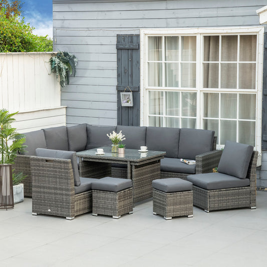 Outsunny 7 Piece Rattan Garden Furniture Set, 10-Seater Sofa Sectional with Cushioned Sofa Seat, Footstools and Expandable Glass Table for Yard Grey