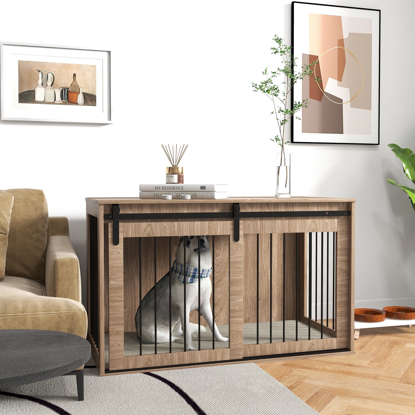 XL Dog Crate Furniture Side Table | Barn Door | Removable Washable Cushion | 3-Sided Ventilation | Extra Large Dogs up to 40kg | 118 x 60 x 73cm | Brown