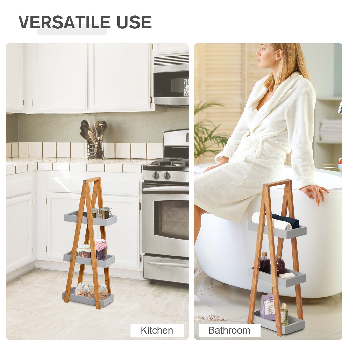Kleankin Bathroom Storage Shelves, 3-Tier Slim Shelving Unit, Freestanding Bamboo Shelf Unit, A Frame Space Saver Toilet Rack, Natural