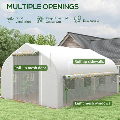 Outsunny 4x3m Walk-in Polytunnel Greenhouse, Zipped Roll Up Sidewalls, Tunnel Warm House Tent w/ PE Cover, Complimentary Plant Labels & Gloves