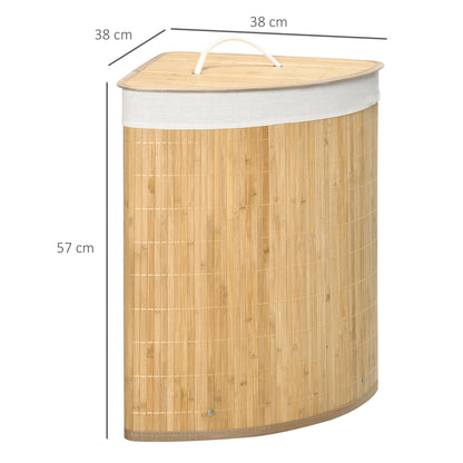 Bamboo Laundry Basket with Lid, 55 Litres Laundry Hamper with Removable Washable Lining,  Corner Washing Baskets, 38 x 38 x 57cm, Natural