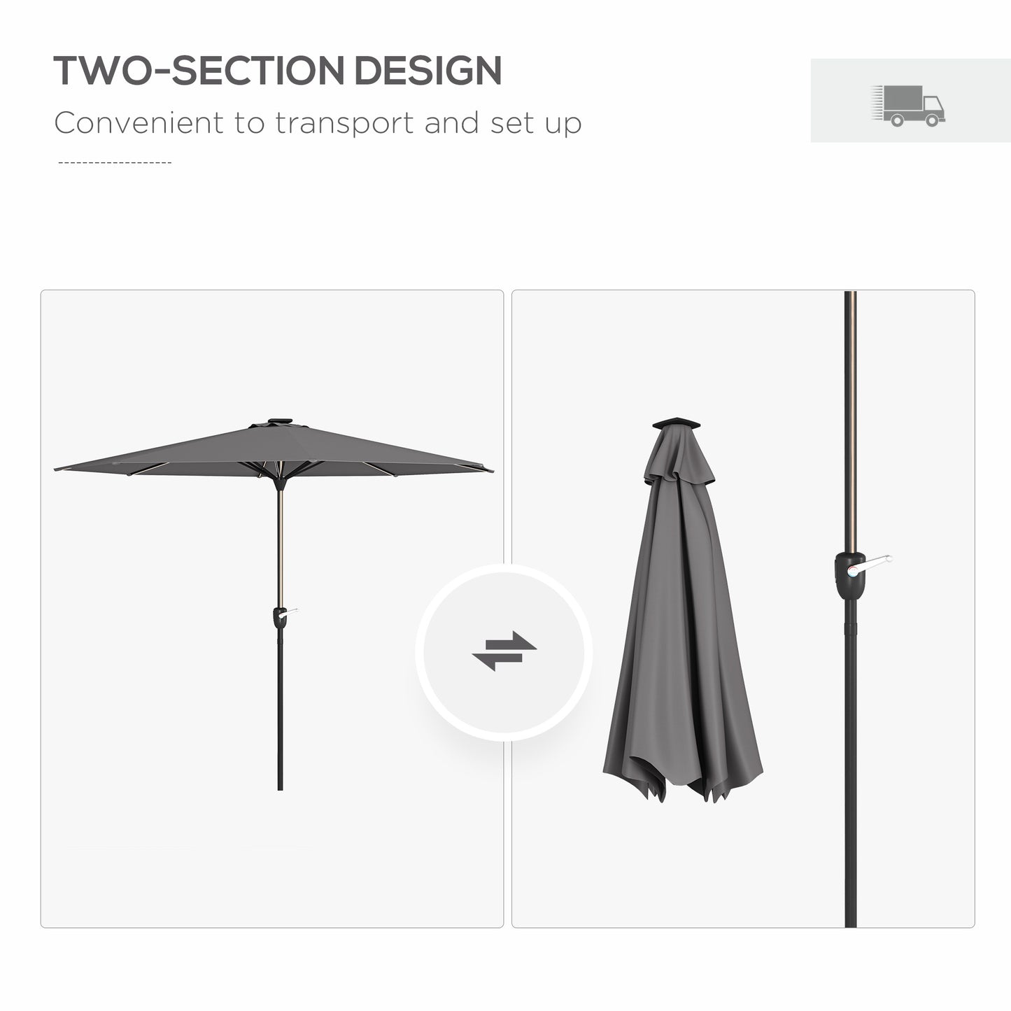 Outsunny Garden Parasol with LED Lights, Solar Charged Patio Umbrella with Crank Handle, for Outdoor, Charcoal Grey