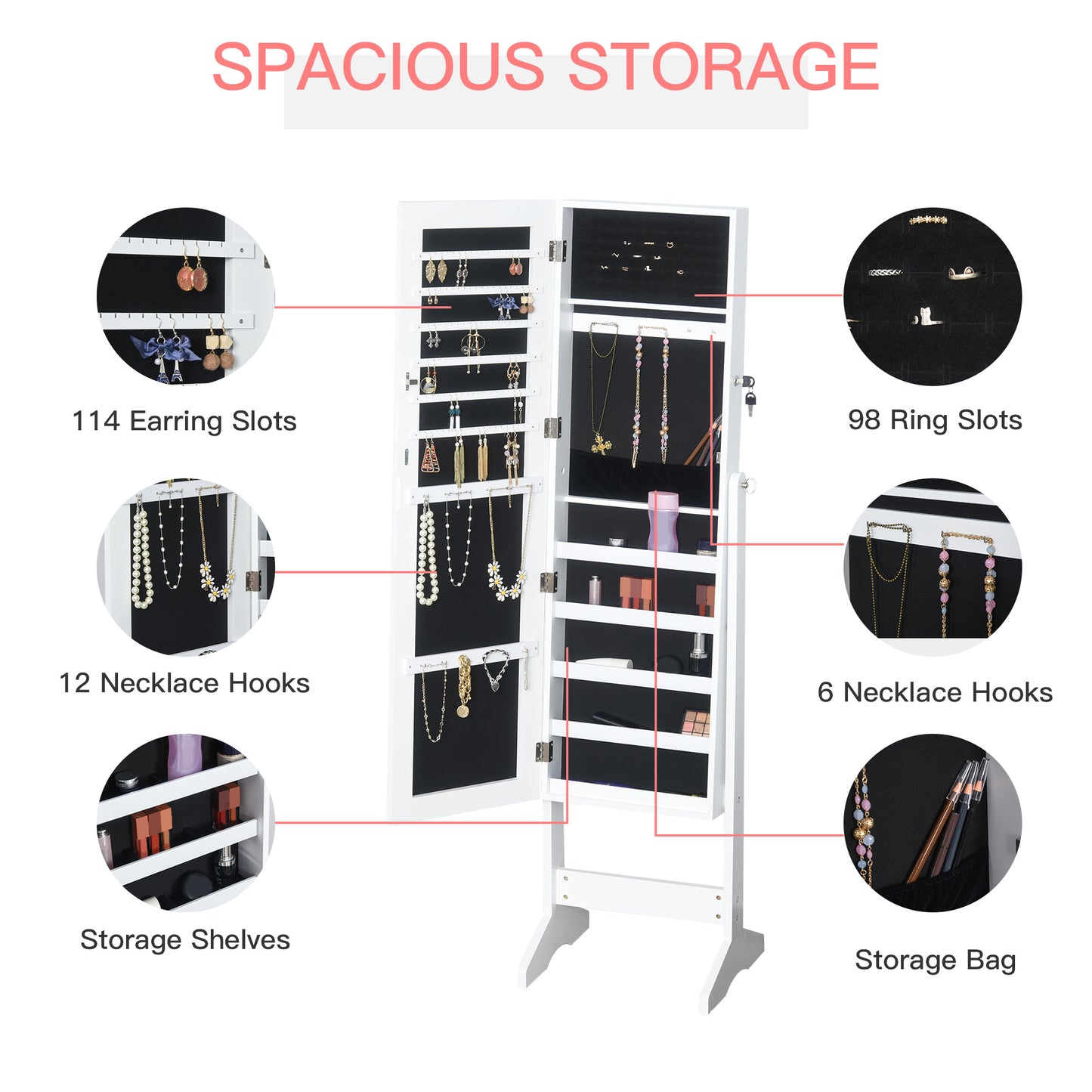Jewellery Cabinet Standing Mirror Full Length Makeup Lockable Armoire Storage Organizer White