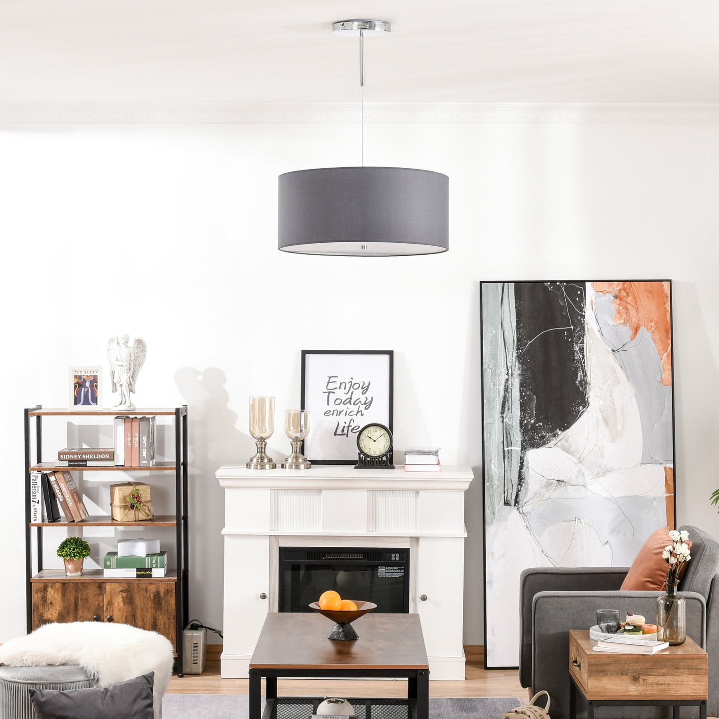 Modern LED Pendant Light Chandelier with Three Lighting Modes Metal Round Base for Living Room, Bedroom, Office, Entrance, Grey, 59 x 59 x 44cm