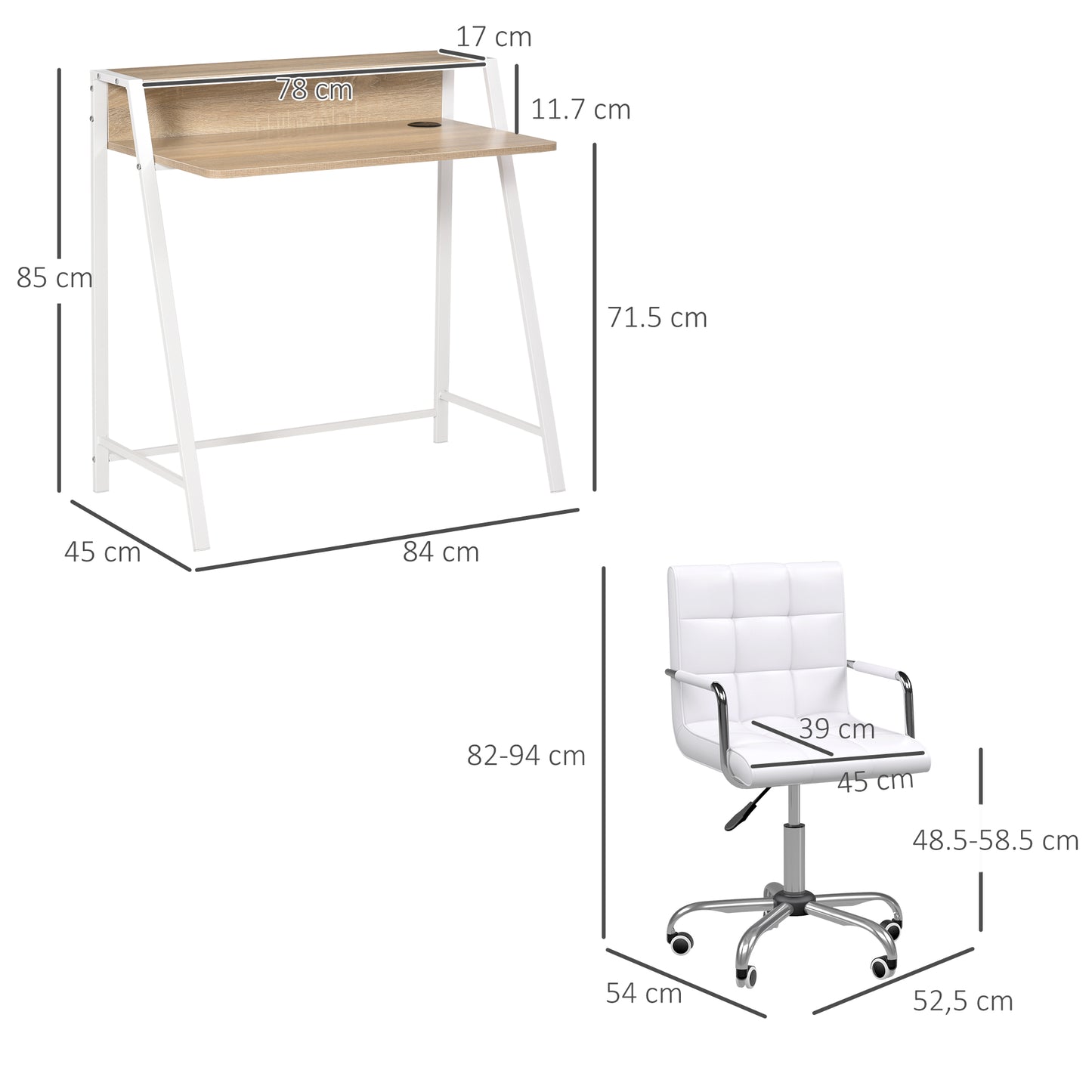 Home Office Chair and Computer Desk Set, Faux Leather Desk Chair with Swivel Wheels, Study Desk with Storage Shelf, White