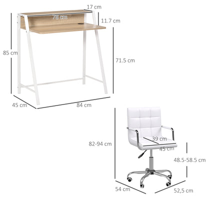 Home Office Chair and Computer Desk Set, Faux Leather Desk Chair with Swivel Wheels, Study Desk with Storage Shelf, White