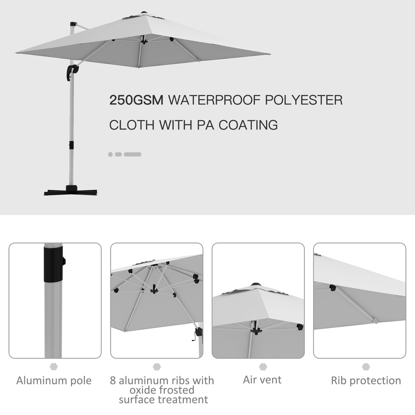 Outsunny 3 x 3(m) Square Cantilever Parasol with Cross Base, Crank Handle, Tilt, 360° Rotation and Aluminium Frame, White