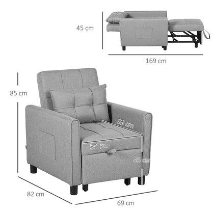 3-In-1 Convertible Chair Bed, Pull Out Sleeper Chair, Fold Out Bed with Adjustable Backrest, Side Pockets, Light Grey