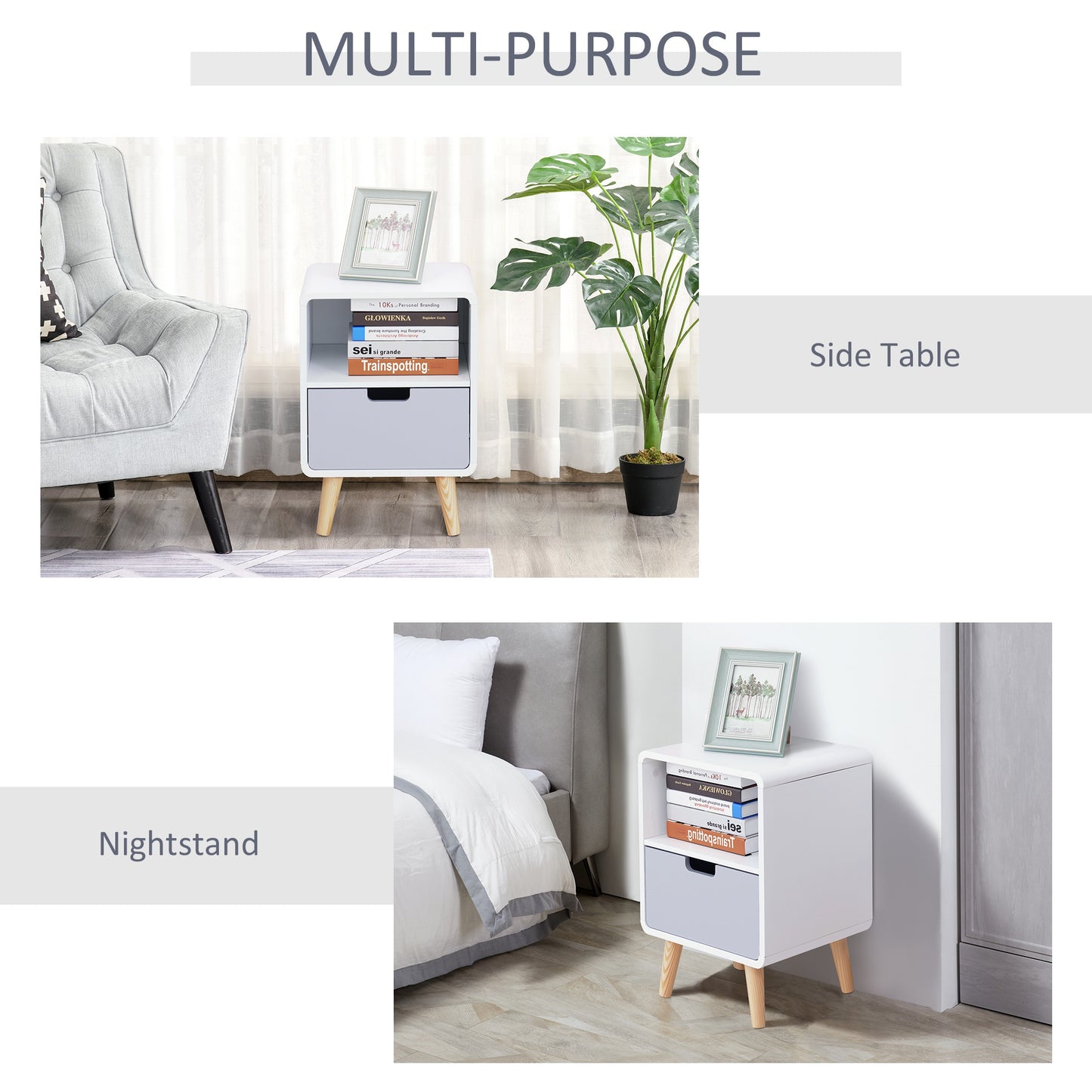 Scandinavian Retro Style Bedside Table, 40Lx38Wx58H cm-White/Grey/Natural Wood Colour