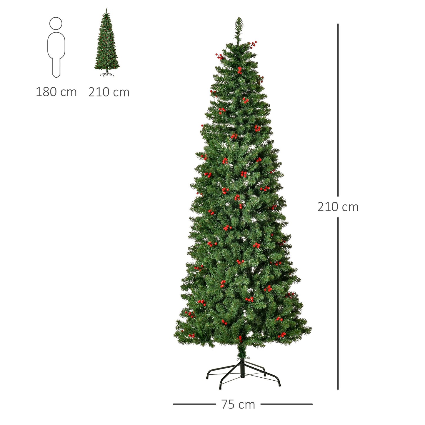 7FT Prelit Artificial Pencil Christmas Tree with Warm White LED Light, Red Berry, Holiday Home Xmas Decoration, Green