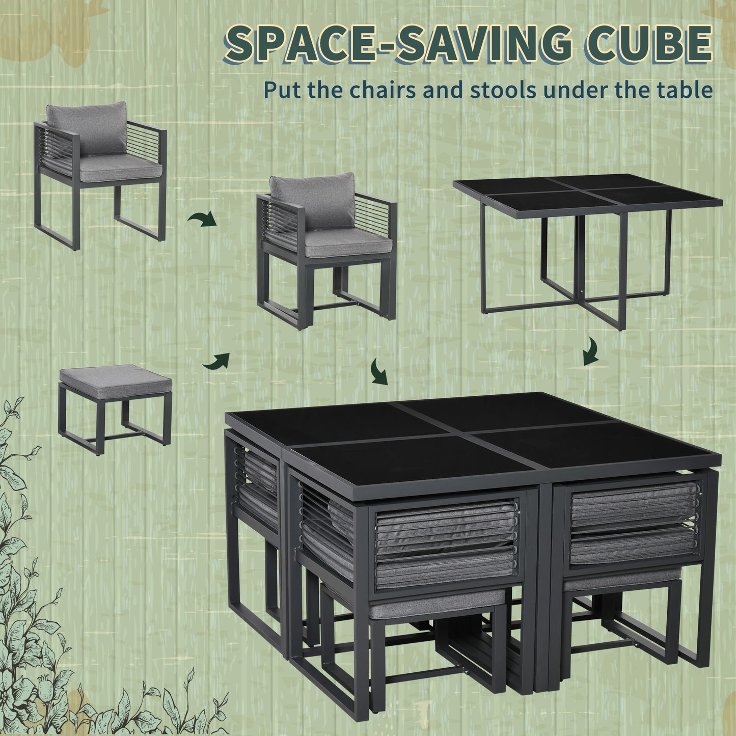 Outsunny 8 Seater Garden Dining Cube Set Aluminium Outdoor Furniture Set Dining Table, 4 Chairs and 4 Footstools with Cushion, Grey