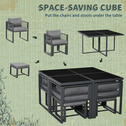 Outsunny 8 Seater Garden Dining Cube Set Aluminium Outdoor Furniture Set Dining Table, 4 Chairs and 4 Footstools with Cushion, Grey