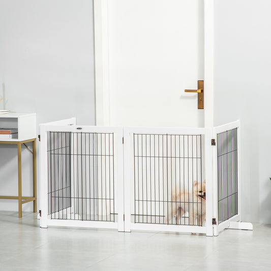 PawHut Dog Gate Wooden Foldable Small & Medium-Sized Pet Gate 4 Panel with Support Feet Pet Fence Safety Barrier for House Doorway Stairs White