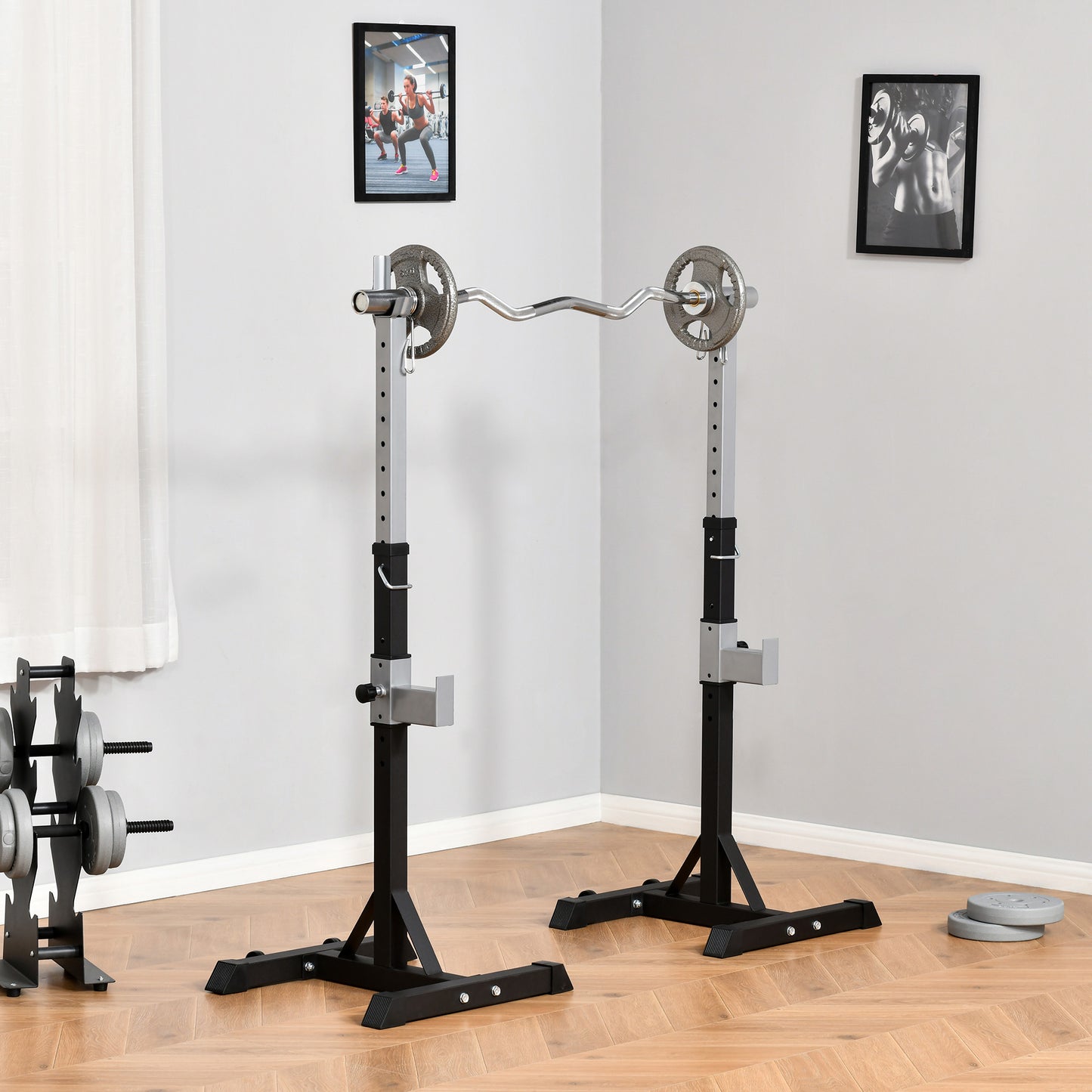 Adjustable Barbell Squat Rack Portable Stand Weight Lifting Bench Press Home Gym w/ Wheels, Black