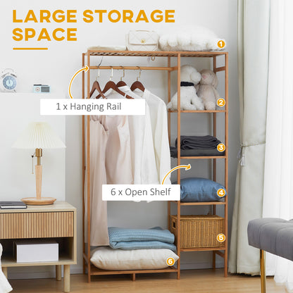 Natural Bamboo Clothes Rack for Bedroom Garment Rack with 6-Tier Storage Shelf Hanging Rod Clothes Rail for Living Room Entryway