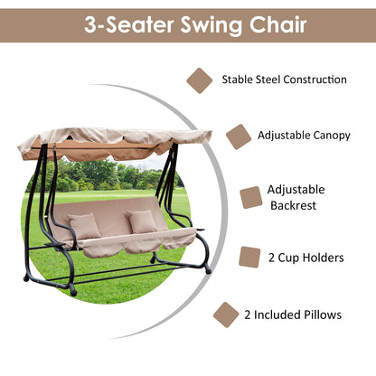 Outsunny 3 Seater Garden Swing Seat Bed Swing Chair 2-in-1 Hammock Bed Patio Garden Chair with Adjustable Canopy and Cushions, Light Brown