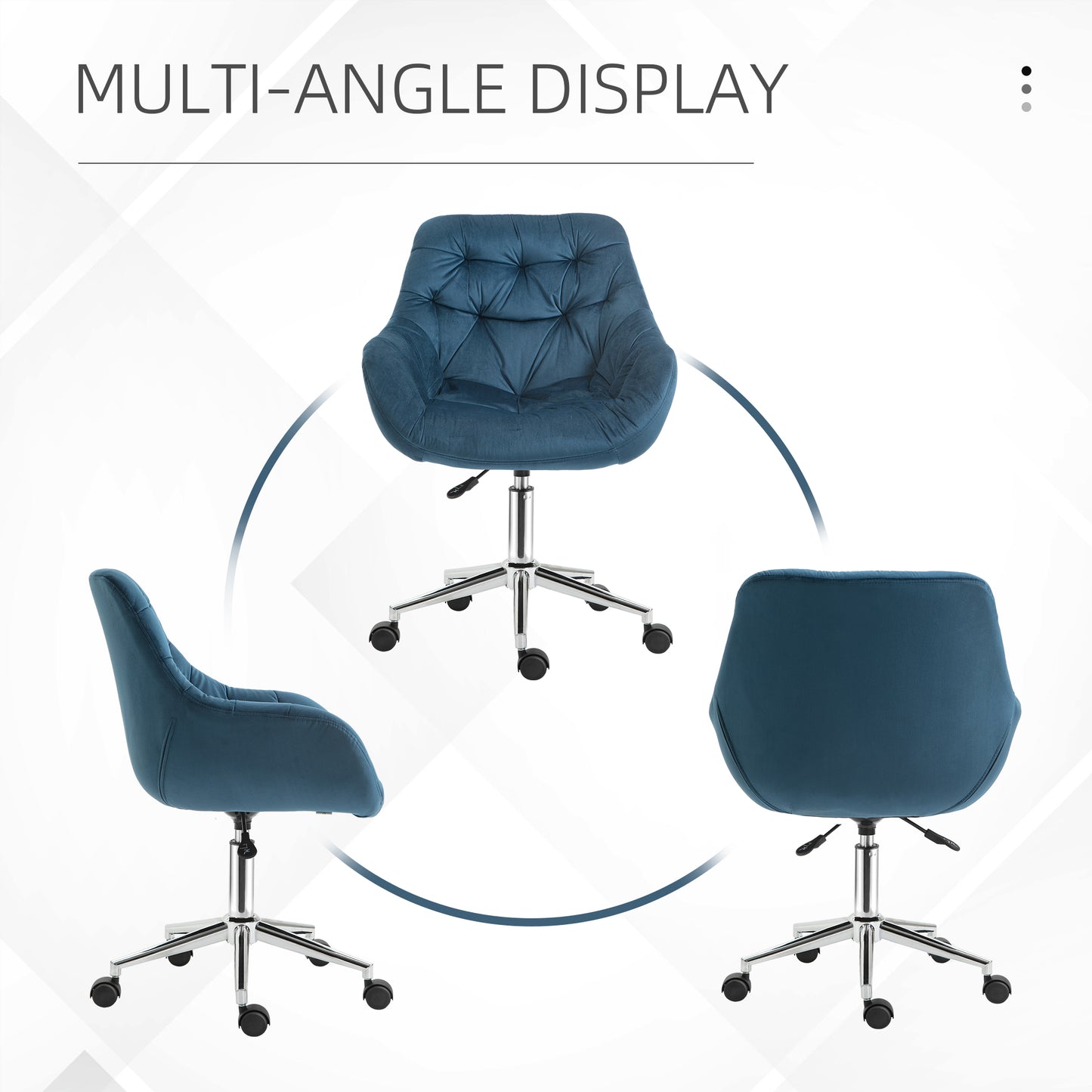 Velvet Office Chair | Button Tufted Curved Design | Padded Back & Armrests | 360° Swivel | 5 Wheels | Height Adjustable 44-54cm | 120kg | Blue