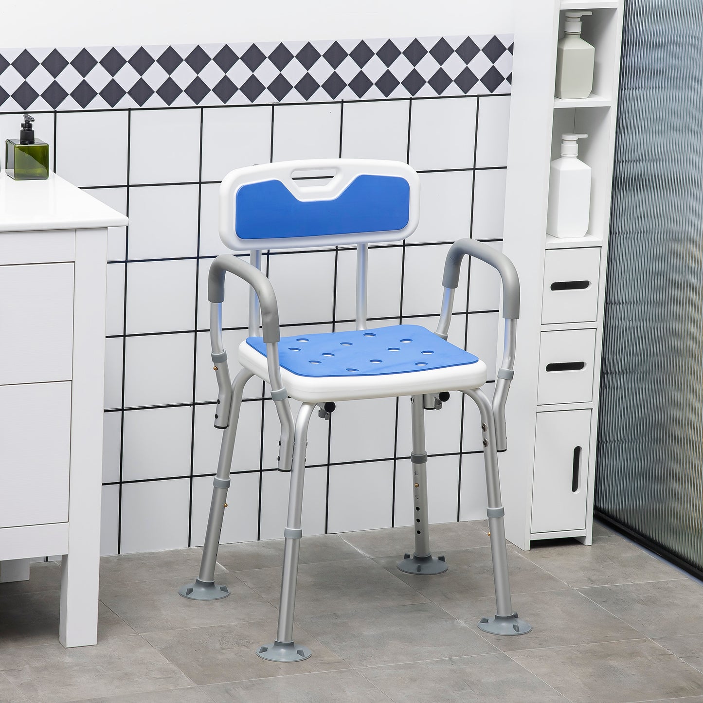 Bathroom Shower Stool Seat EVA Padded, Height Adjustable With Back and Arms, 4 Suction Foot Pads, Blue